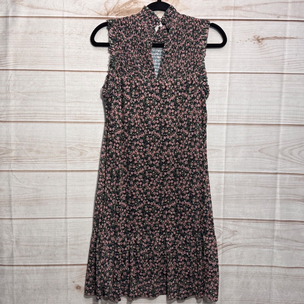 Maurices Floral Smocked High Neck Sleeveless Tiered Mini Dress Green Pink Medium